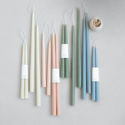 Dipped_Taper candles_parchment_petal_moss_heron