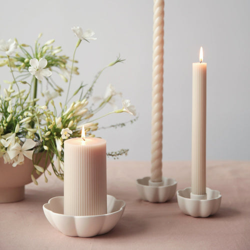 Ribbed pillar candle and fleur dish