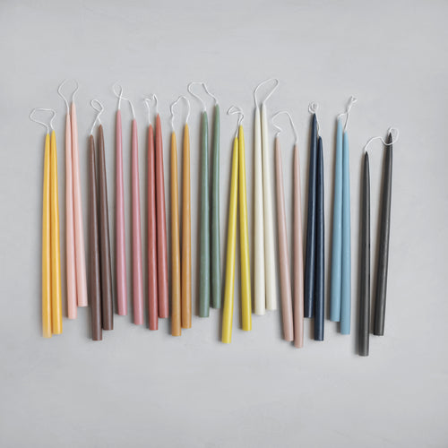 Dipped taper candles in 13 nature inspired hues 18in. 