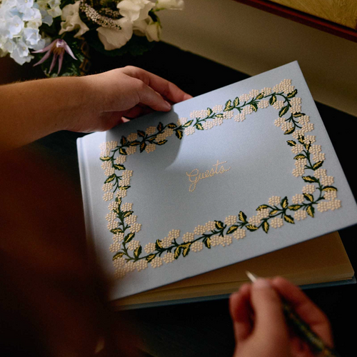Hydrangea Fabric Embroidered Guest Book_Blue