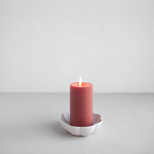 Ribbed Pillar Candle and Ceramic Fleur Dish Gift Set Clay