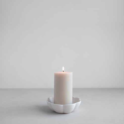 Ribbed Pillar Candle and Ceramic Fleur Dish Gift Set Parchment