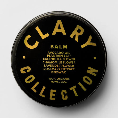 Clary Collection balm container with gold text on a white background