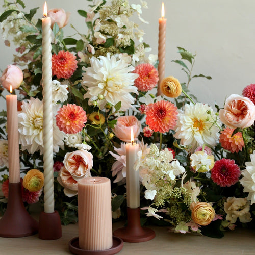 Our Petal Taper Set combines all of our parchment-hued taper candles into the perfect bundle. Display the sizes and shapes together or separately.   Set includes: one pair of petal 12" and one pair of petal 18" dipped taper candles. One pair of 18", one pair of 10" and one pair of 6" petal Fancy Taper Candles.  Dinner Candles. 