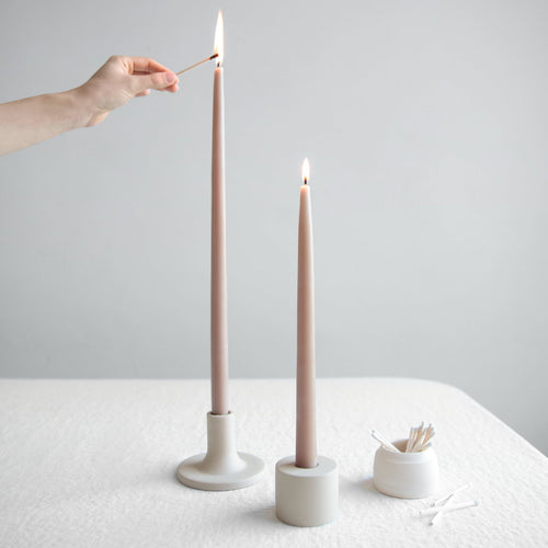 Ceramic match strike. Ceramic taper candle holders. Taper candles greige