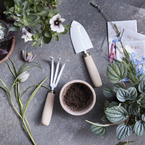 The palm-sized garden trowel and cultivator are a durable duo perfect for tending to an apartment garden, houseplants, and planting and transplanting seedlings. A great size for little green thumbs too. Both tools are hand-crafted, using Japanese sustainable beech wood for the handles and Japanese stainless steel blacksmith heat treatments and techniques. 