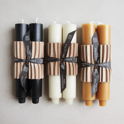 Bold and sophisticated, the chunky 9" Columns burn beautifully while producing a bright and radiant flame. Each candle is hand poured and individually finished in New York State by Greentree Candle. Lovingly made from 100% pure North American beeswax.   Two 9" candles per pack. Standard 7/8" base. 