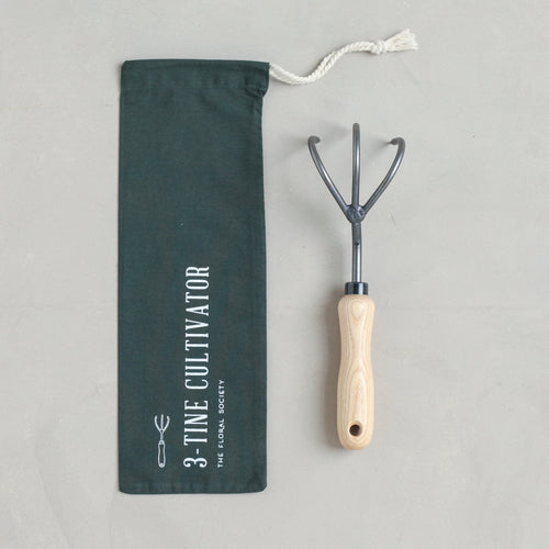 The 3-tine cultivator is made for quick aerating and cultivating jobs in hard-to-reach places. The tines are intentionally curved not to disturb the soil too much.  Hand forged from durable tempered boron steel with ash hardwood handles harvested sustainably.  Made in Holland. Lifetime Guarantee.