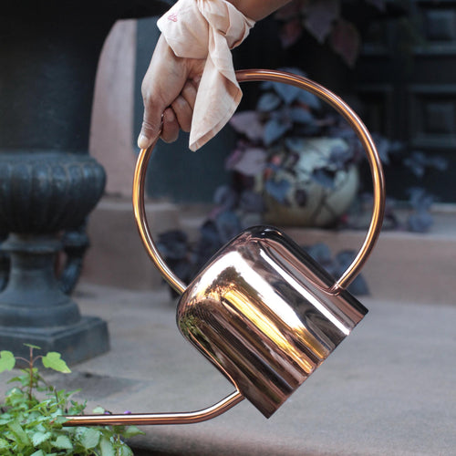 This durable, copper watering can is an essential tool for all indoor and outdoor gardening tasks. The design is both modern and functional with an east-to-grip, curved handle and an extended spout. Made of copper-plated stainless steel. Copper may darken over time as natural patina develops. Oxidation will occur more quickly if used and stored outdoors.  Dimensions: 19” L x 6” W x 12” T. Holds 2.25 liters.  *Hand finished—slight variations may occur.